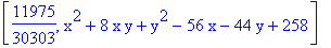 [11975/30303, x^2+8*x*y+y^2-56*x-44*y+258]